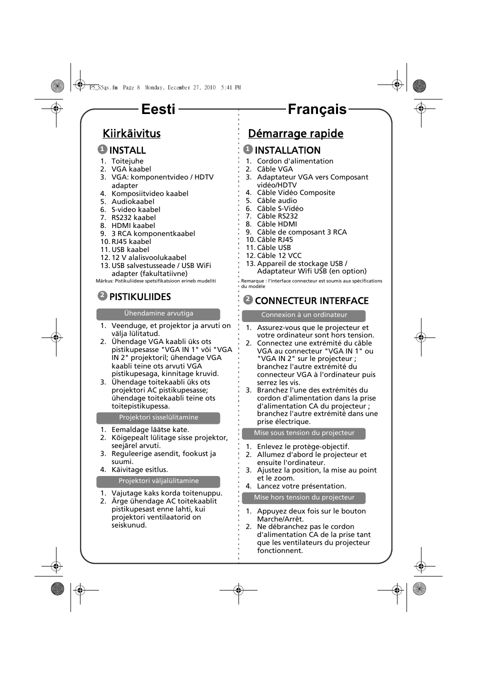 Eesti français, Kiirkäivitus, Démarrage rapide | Install, Pistikuliides, Installation, Connecteur interface | Acer S5301WB User Manual | Page 6 / 22