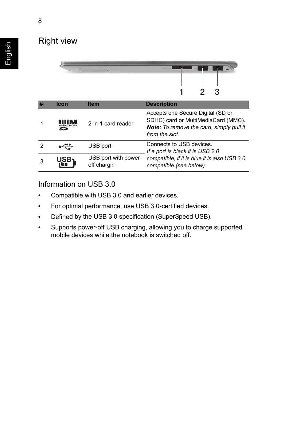 Right view, Right view 1 2 3, Information on usb 3.0 | Acer Aspire S7-391 User Manual | Page 10 / 362