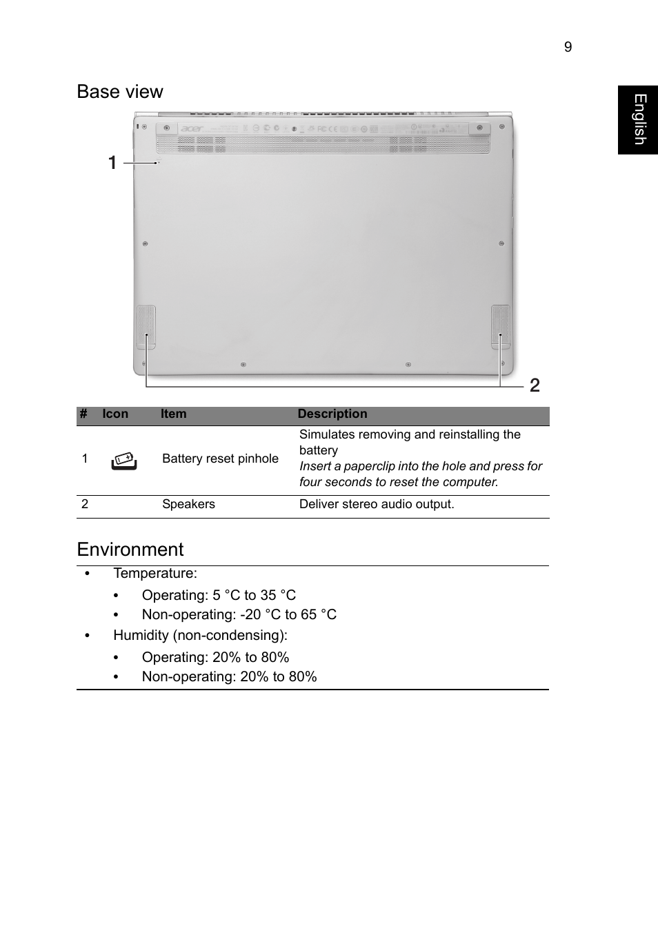 Base view, Environment, Base view 1 2 | Acer Aspire S7-391 User Manual | Page 11 / 362