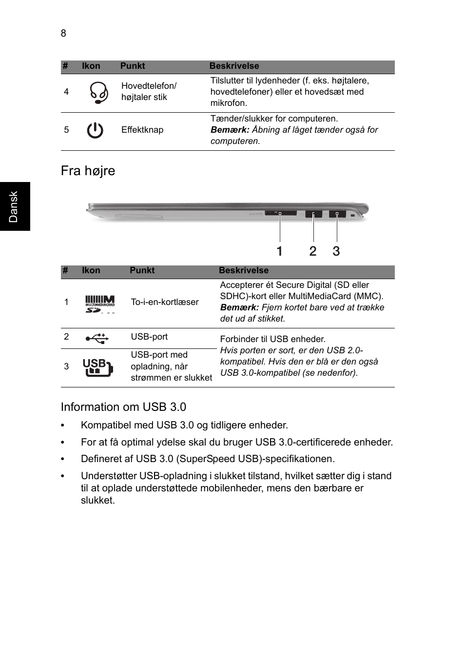 Fra højre, Information om usb 3.0 | Acer Aspire S7-391 User Manual | Page 110 / 362