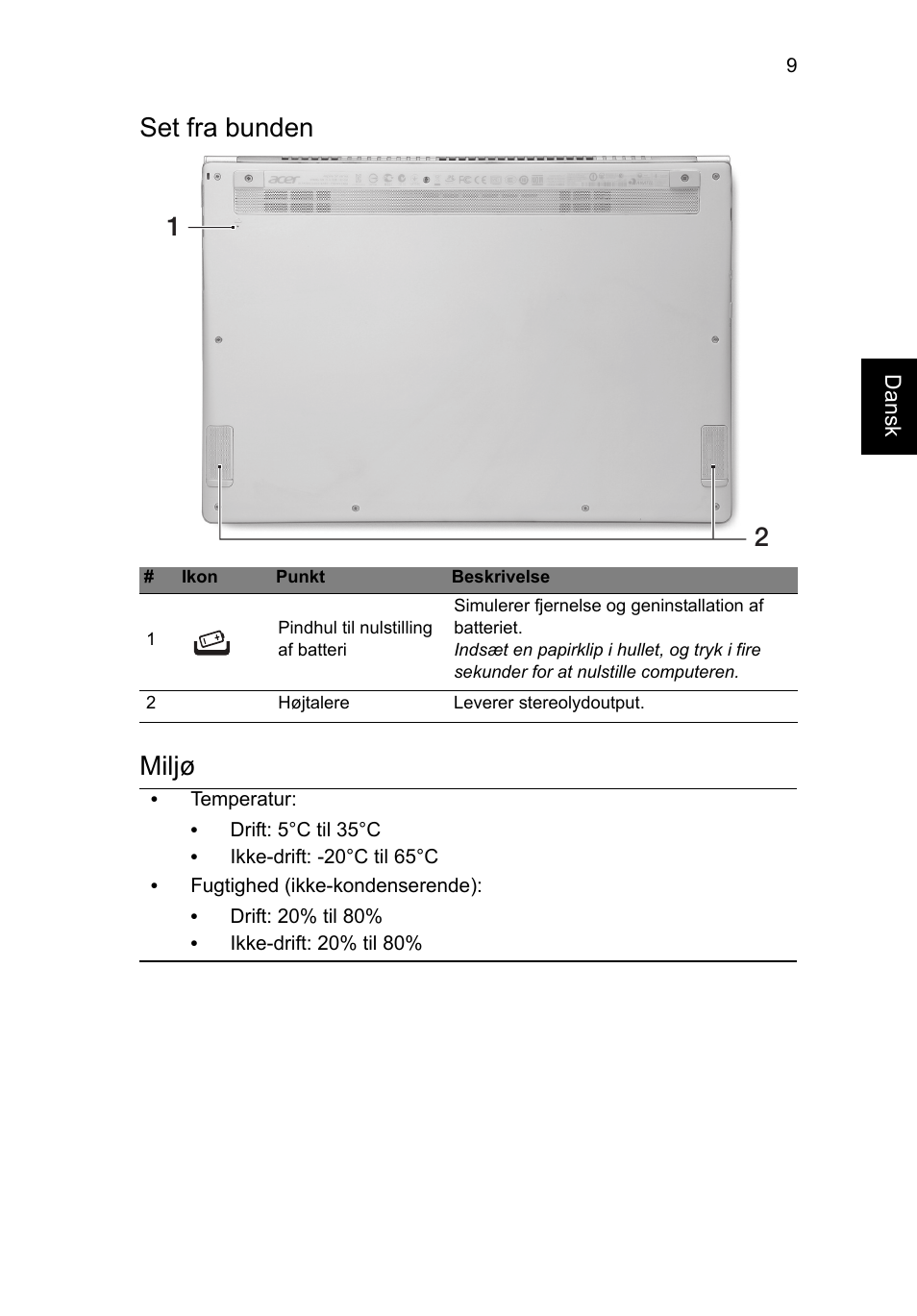 Set fra bunden, Miljø, Set fra bunden miljø | Acer Aspire S7-391 User Manual | Page 111 / 362