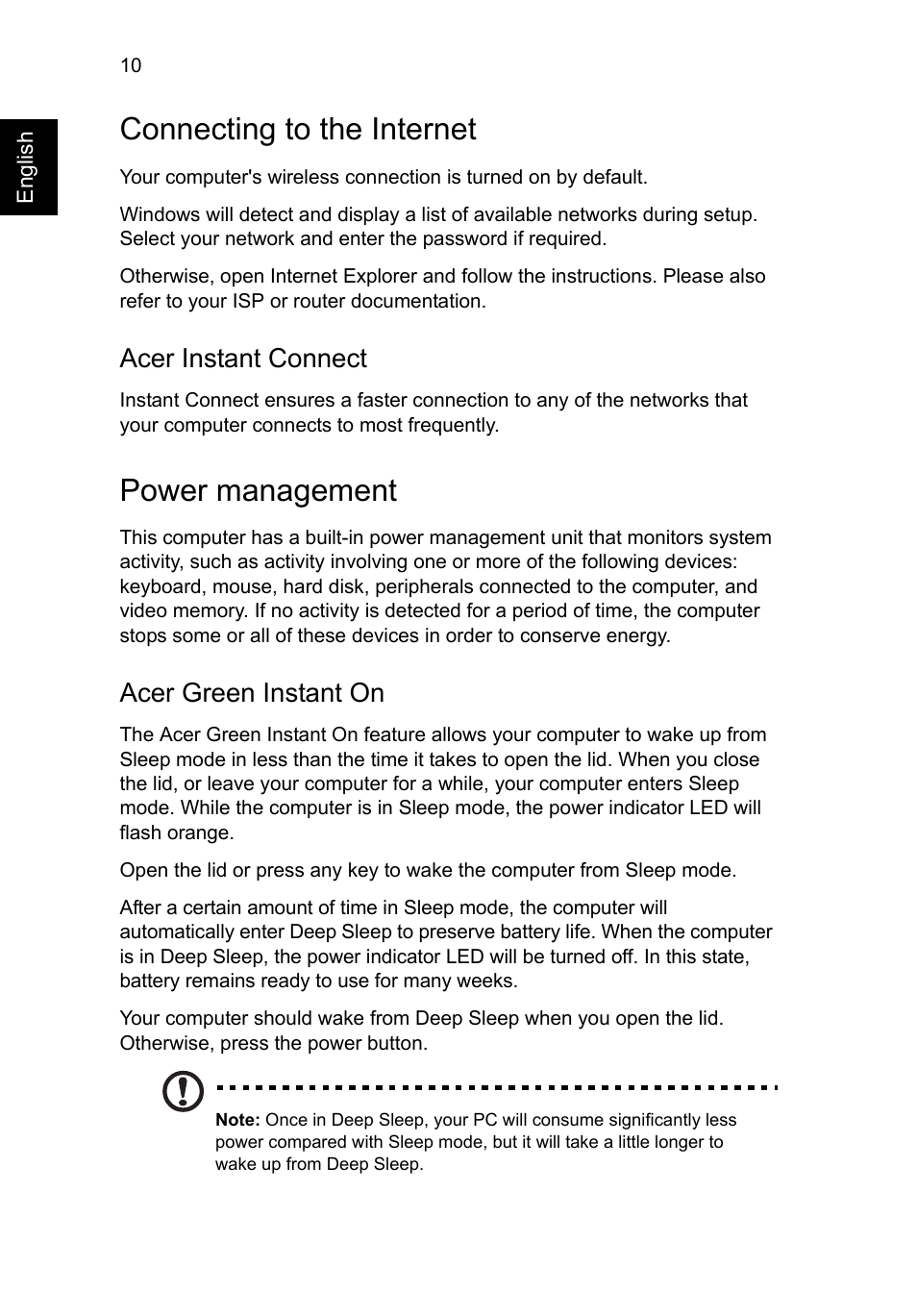 Connecting to the internet, Power management, Acer instant connect | Acer green instant on | Acer Aspire S7-391 User Manual | Page 12 / 362