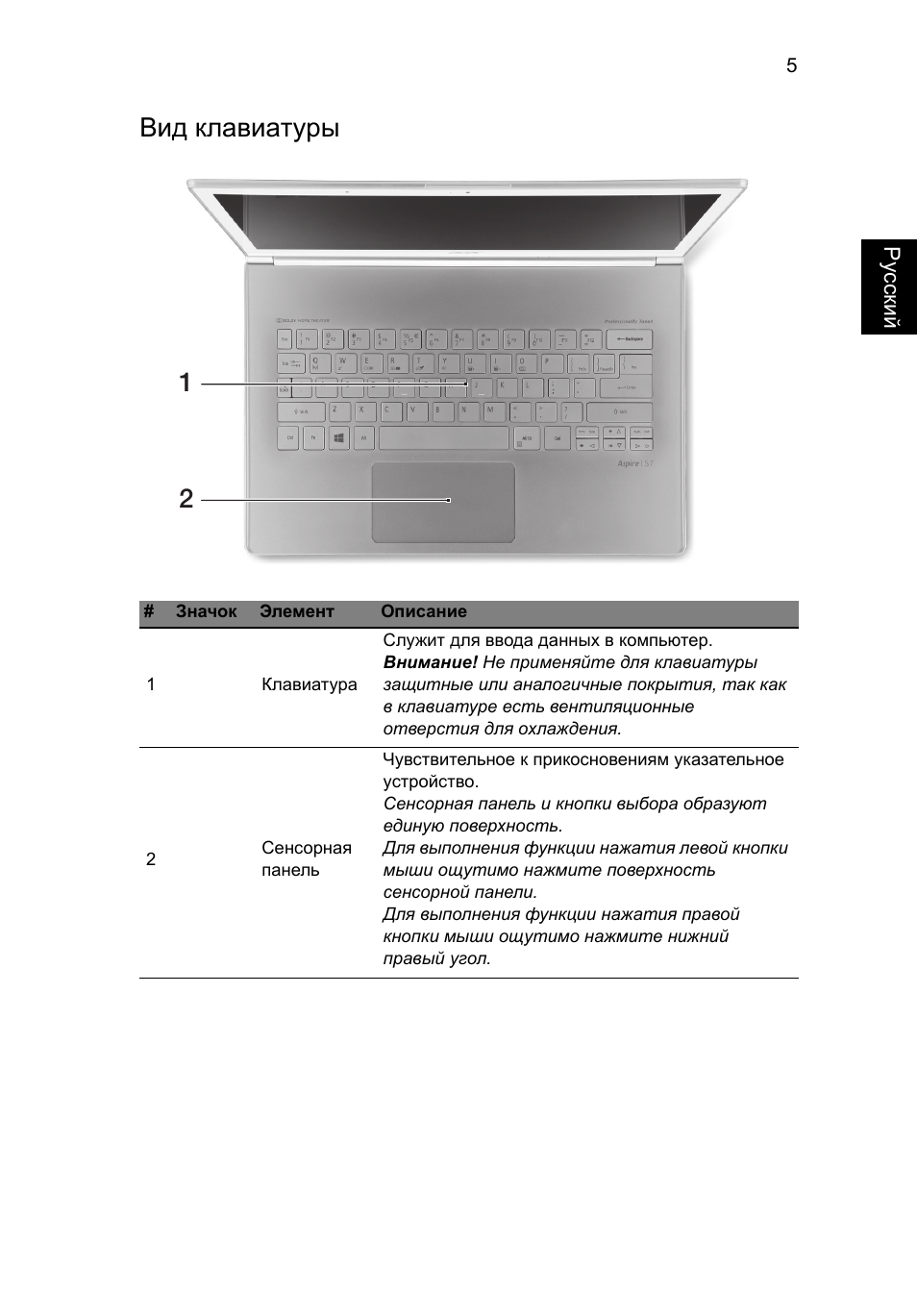 Вид клавиатуры | Acer Aspire S7-391 User Manual | Page 143 / 362