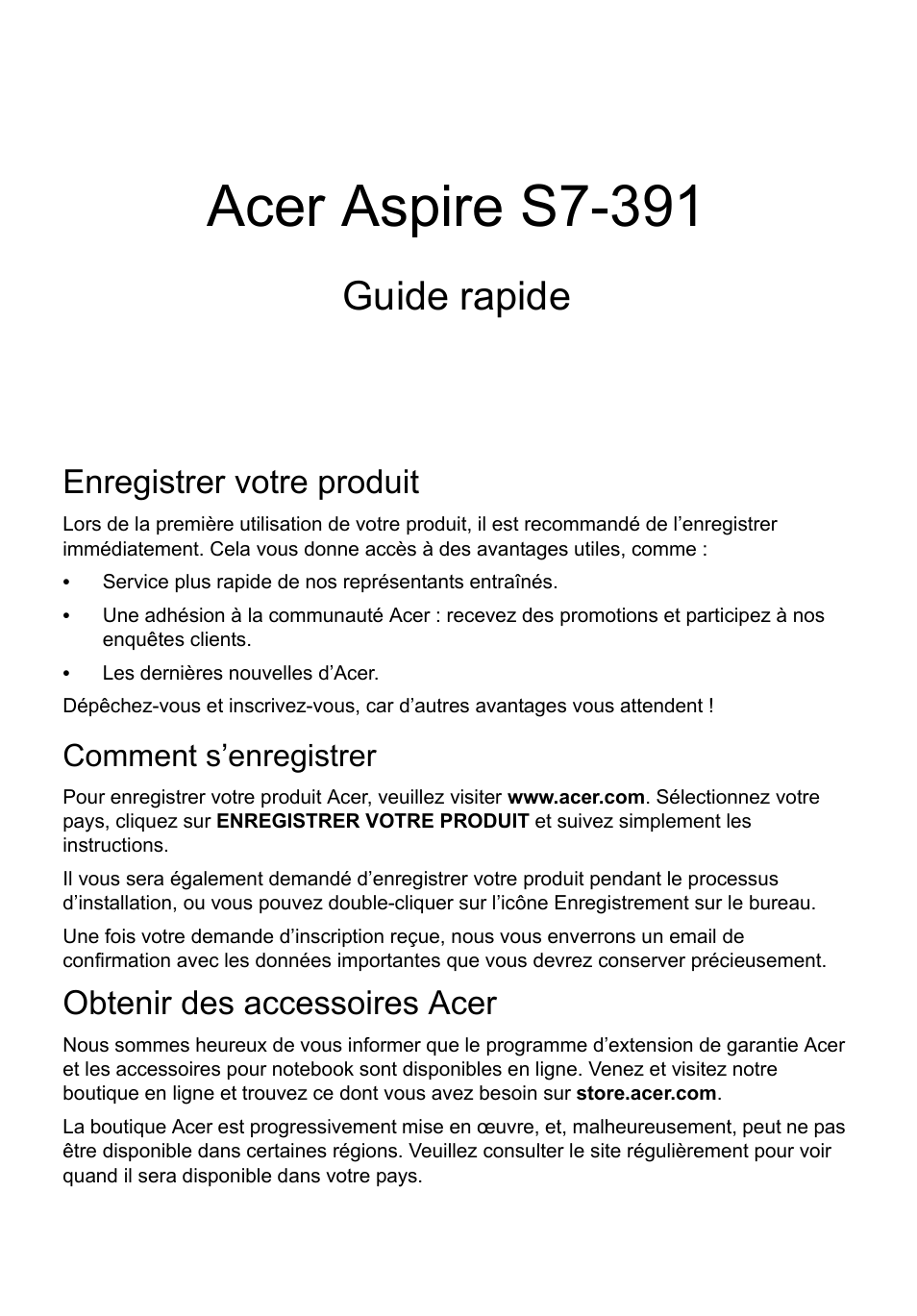 Français, Enregistrer votre produit, Comment s’enregistrer | Obtenir des accessoires acer, Acer aspire s7-391, Guide rapide | Acer Aspire S7-391 User Manual | Page 15 / 362