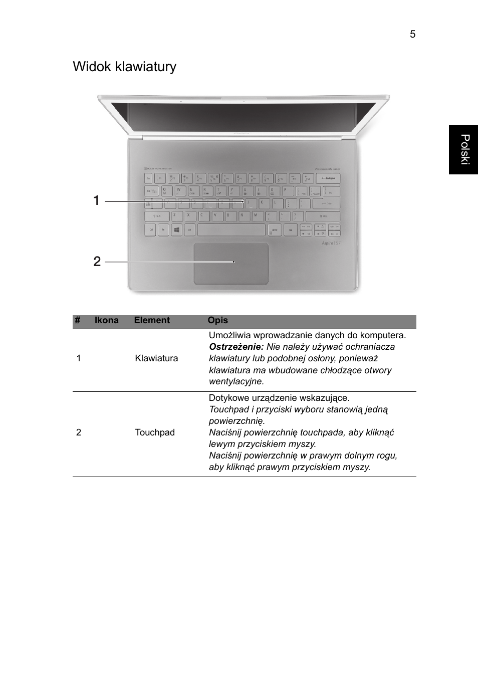 Widok klawiatury | Acer Aspire S7-391 User Manual | Page 155 / 362