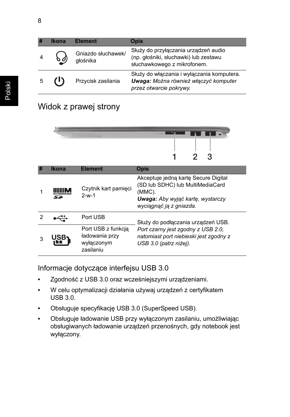 Widok z prawej strony, Informacje dotyczące interfejsu usb 3.0 | Acer Aspire S7-391 User Manual | Page 158 / 362