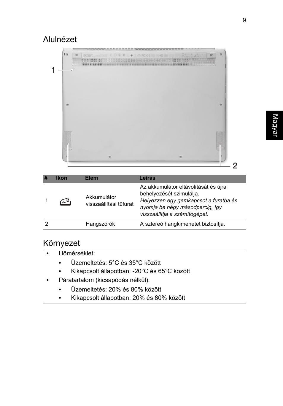 Alulnézet, Környezet, Alulnézet környezet | Acer Aspire S7-391 User Manual | Page 171 / 362