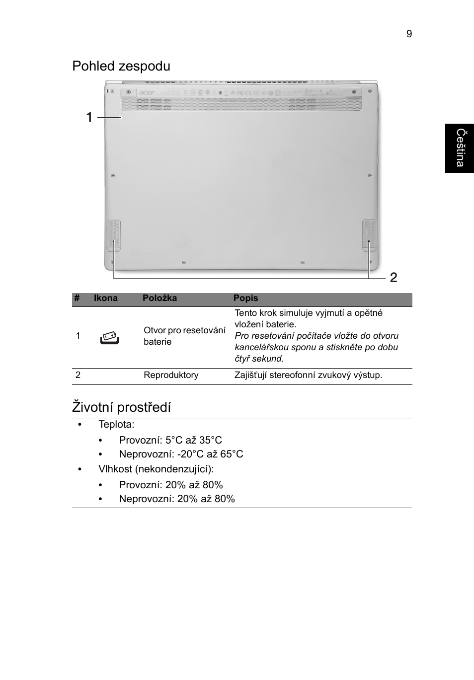 Pohled zespodu, Životní prostředí, Pohled zespodu životní prostředí | Acer Aspire S7-391 User Manual | Page 183 / 362