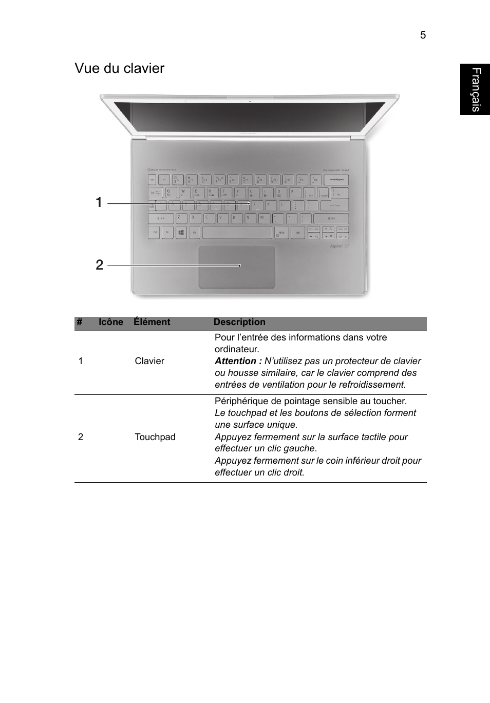 Vue du clavier, Français | Acer Aspire S7-391 User Manual | Page 19 / 362