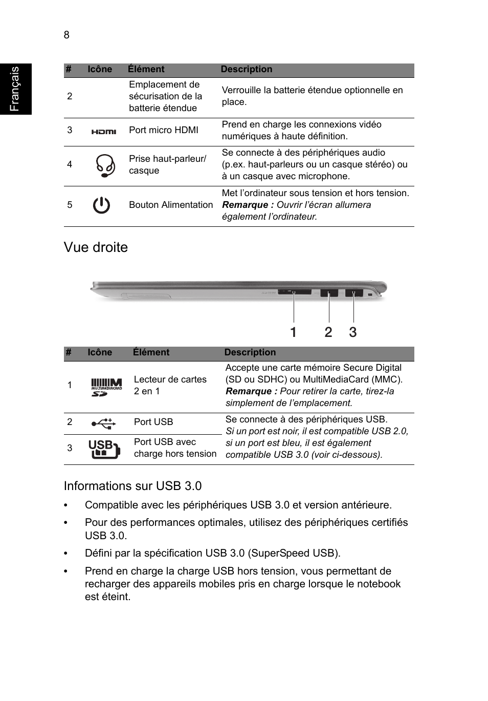 Vue droite, Informations sur usb 3.0 | Acer Aspire S7-391 User Manual | Page 22 / 362