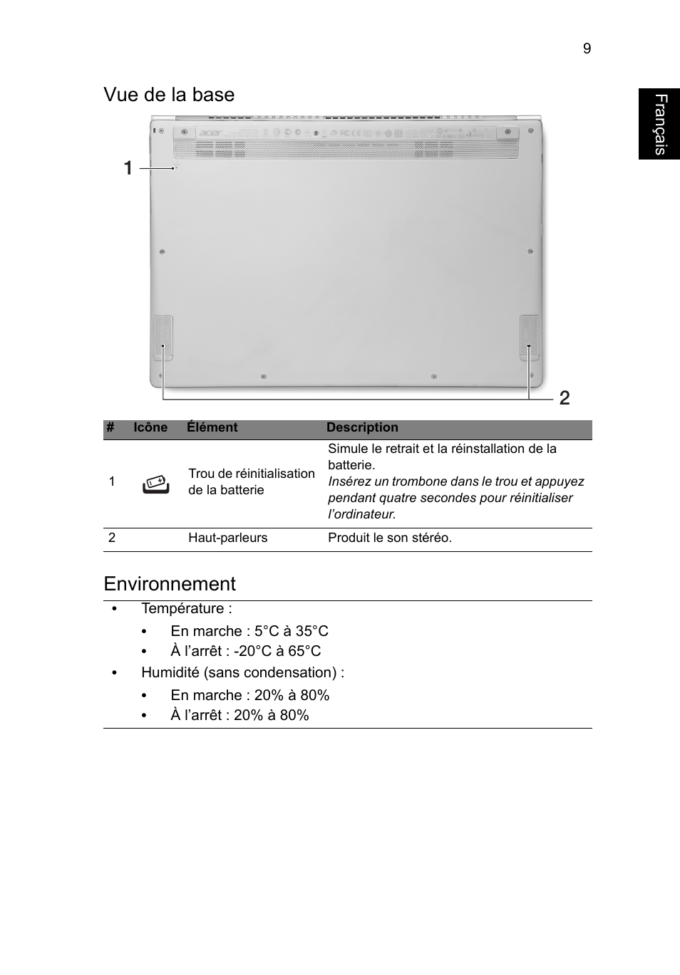 Vue de la base, Environnement, Français | Vue de la base environnement | Acer Aspire S7-391 User Manual | Page 23 / 362