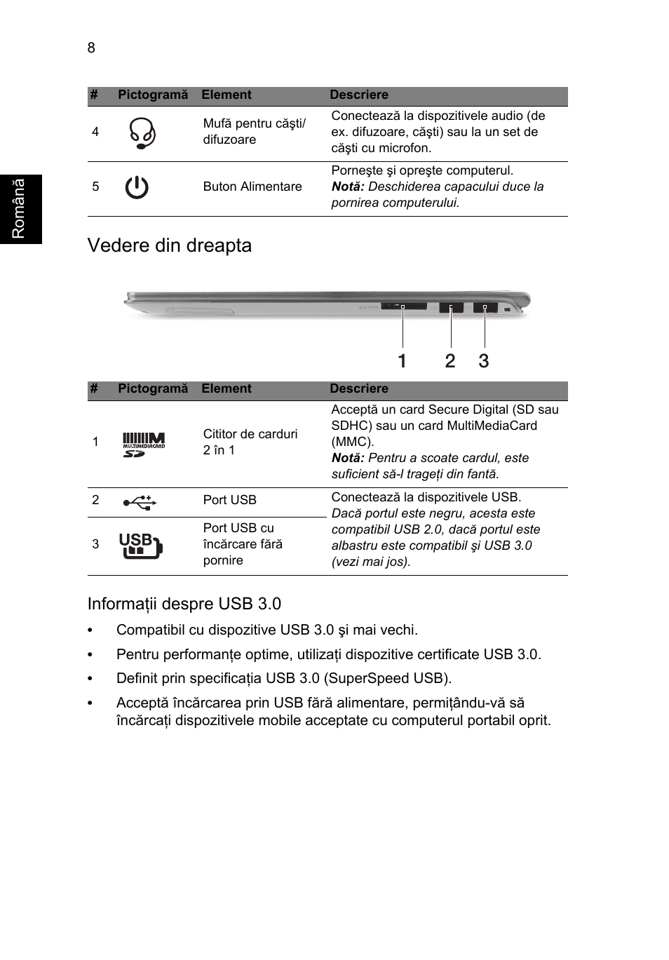 Vedere din dreapta, Informaţii despre usb 3.0 | Acer Aspire S7-391 User Manual | Page 230 / 362