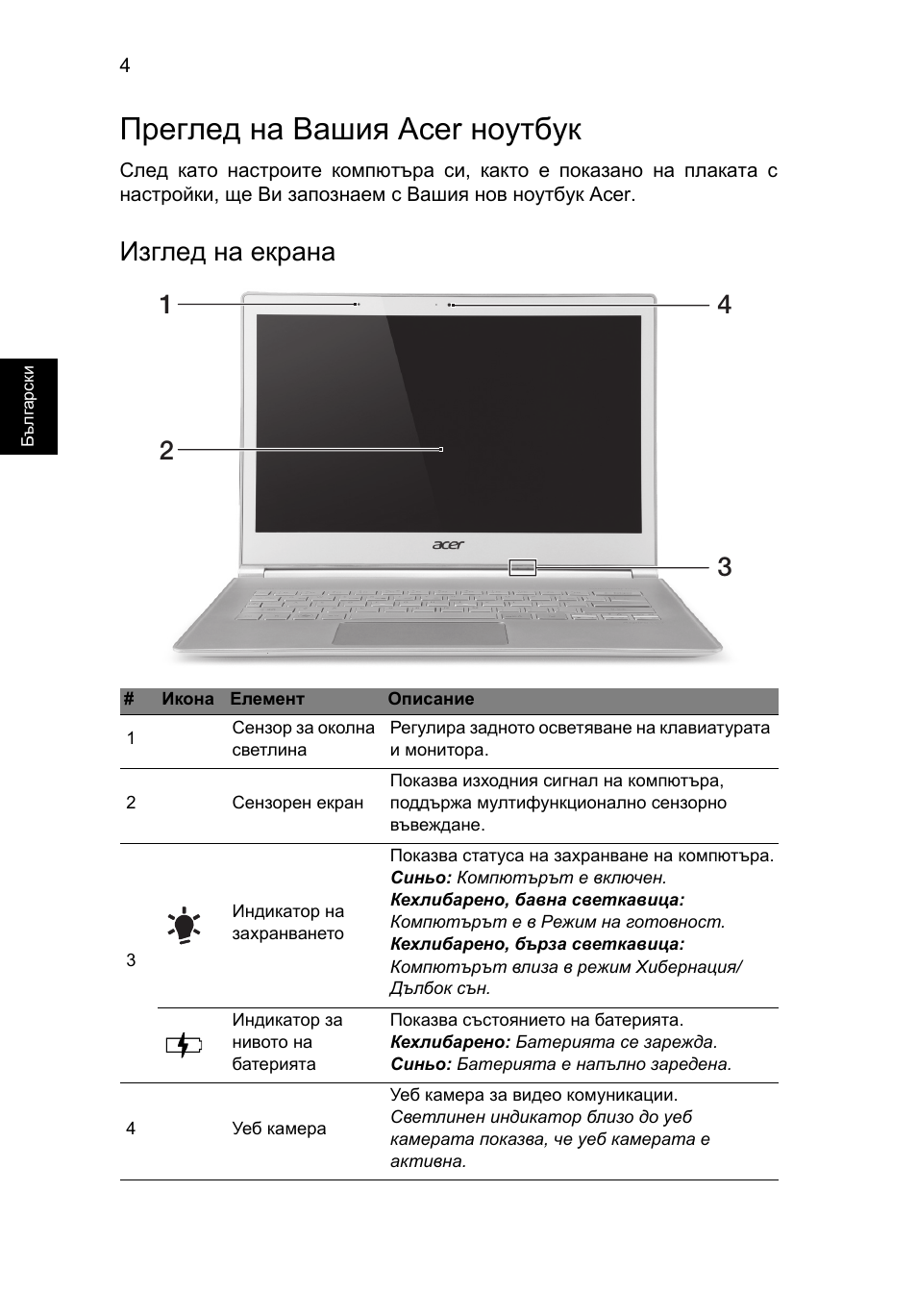 Преглед на вашия acer ноутбук, Изглед на екрана | Acer Aspire S7-391 User Manual | Page 238 / 362