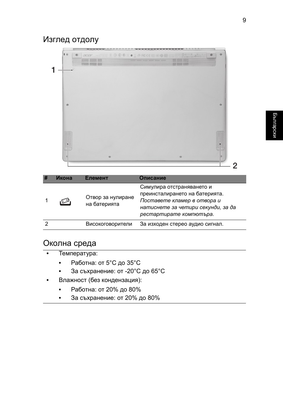 Изглед отдолу, Околна среда, Изглед отдолу околна среда | Acer Aspire S7-391 User Manual | Page 243 / 362