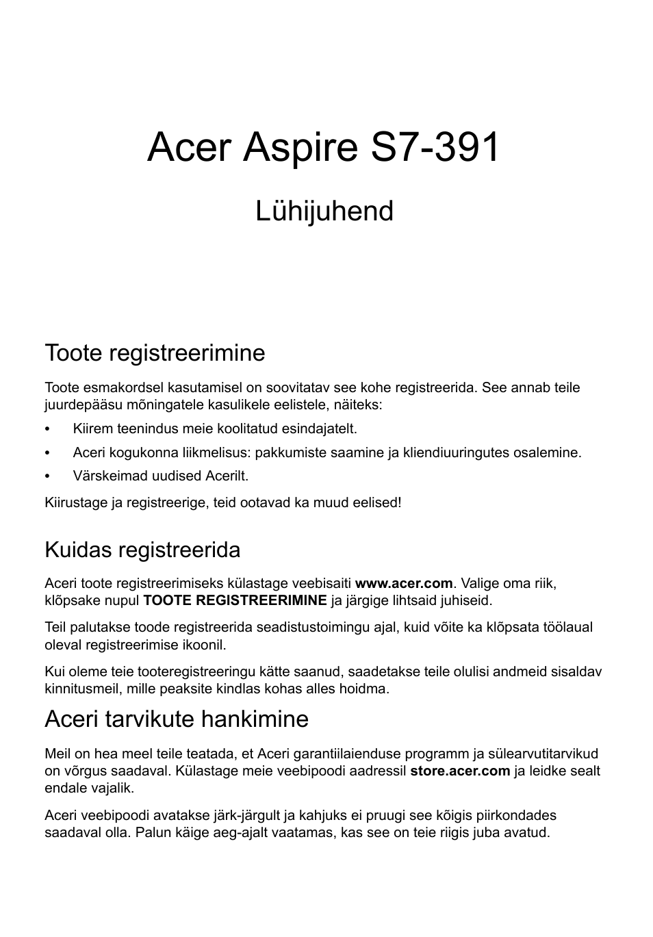 Eesti, Toote registreerimine, Kuidas registreerida | Aceri tarvikute hankimine, Acer aspire s7-391, Lühijuhend | Acer Aspire S7-391 User Manual | Page 247 / 362