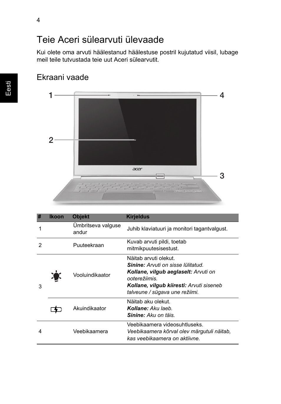 Teie aceri sülearvuti ülevaade, Ekraani vaade | Acer Aspire S7-391 User Manual | Page 250 / 362
