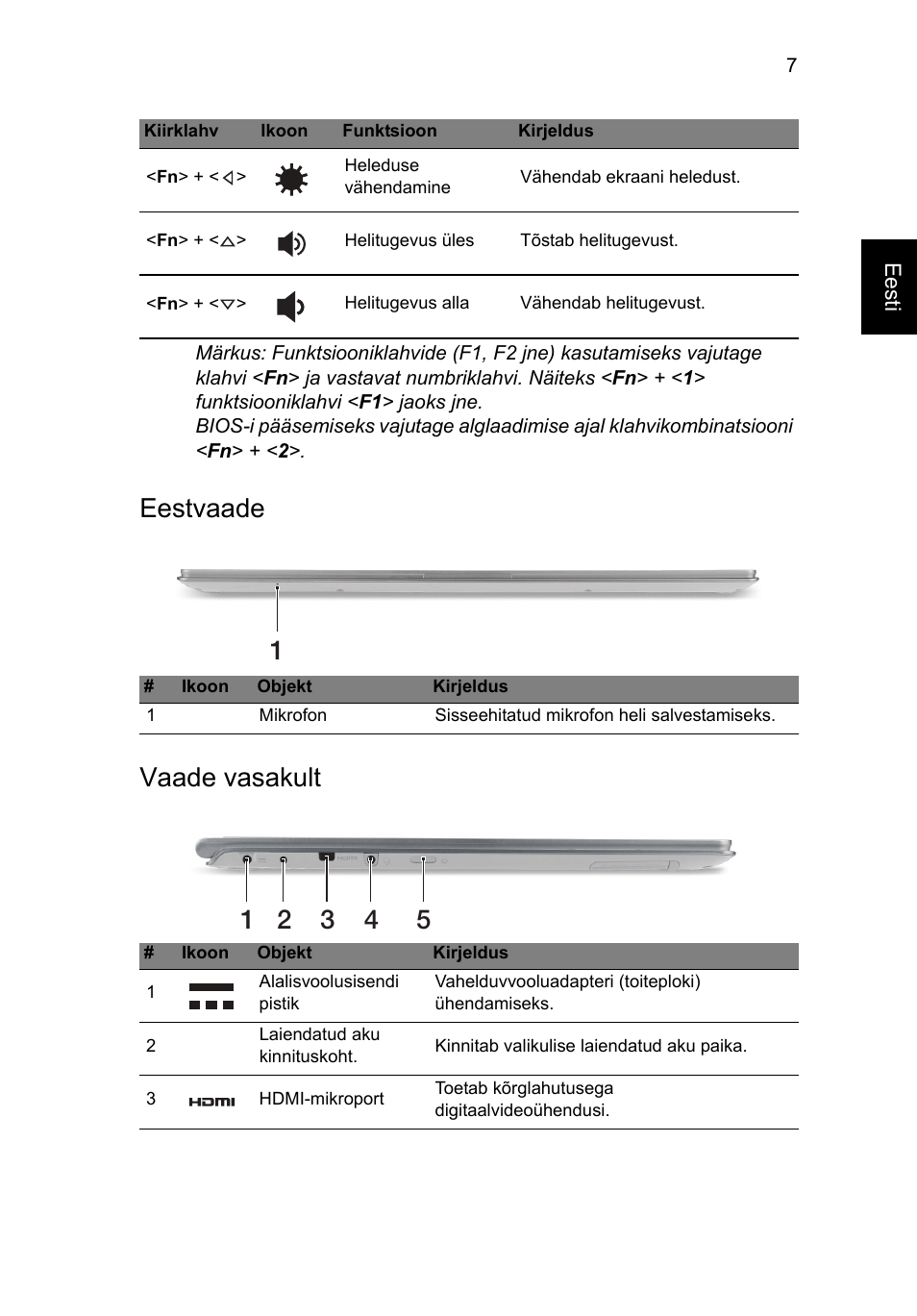 Eestvaade, Vaade vasakult, Eestvaade vaade vasakult | Acer Aspire S7-391 User Manual | Page 253 / 362