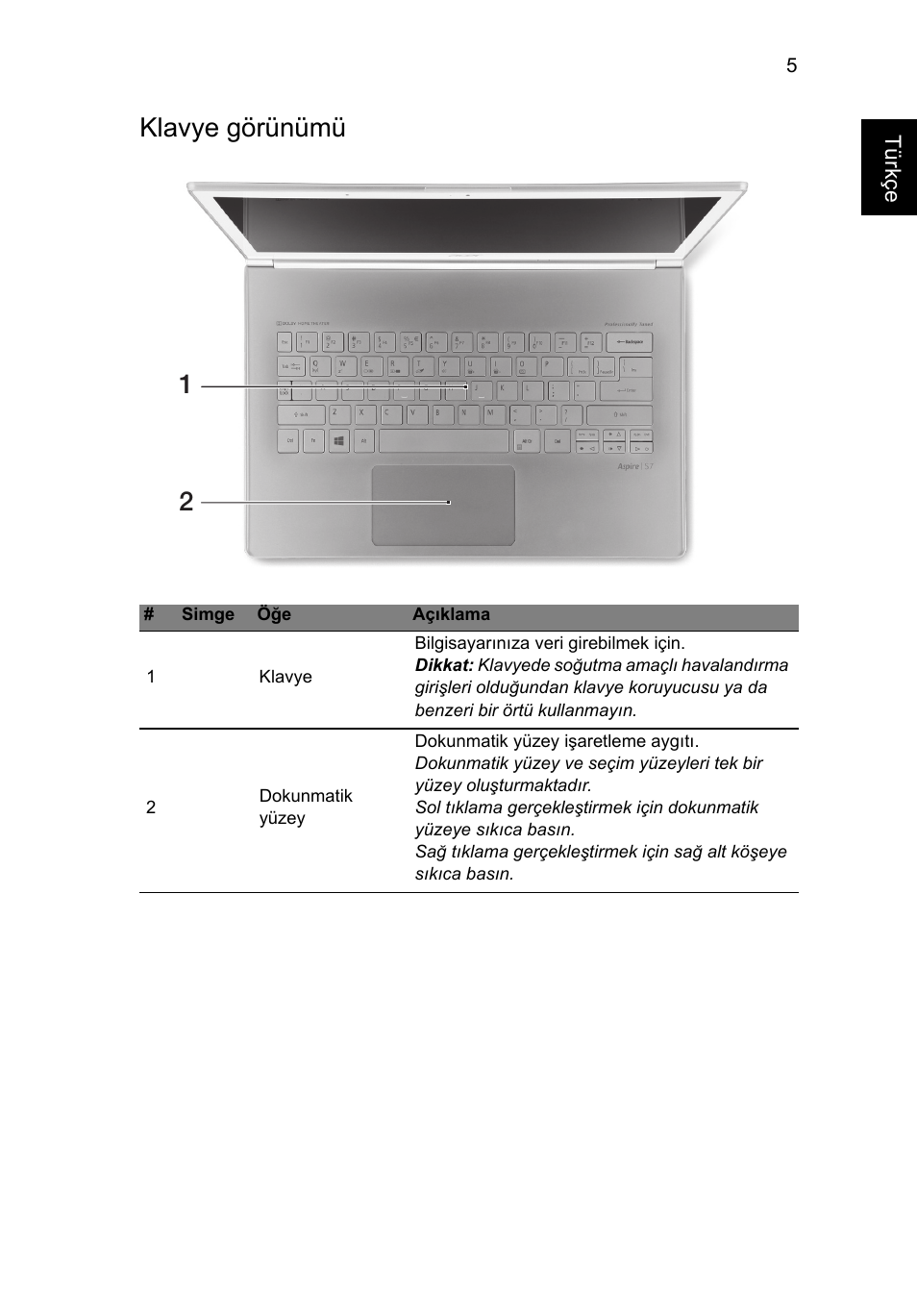 Klavye görünümü | Acer Aspire S7-391 User Manual | Page 299 / 362