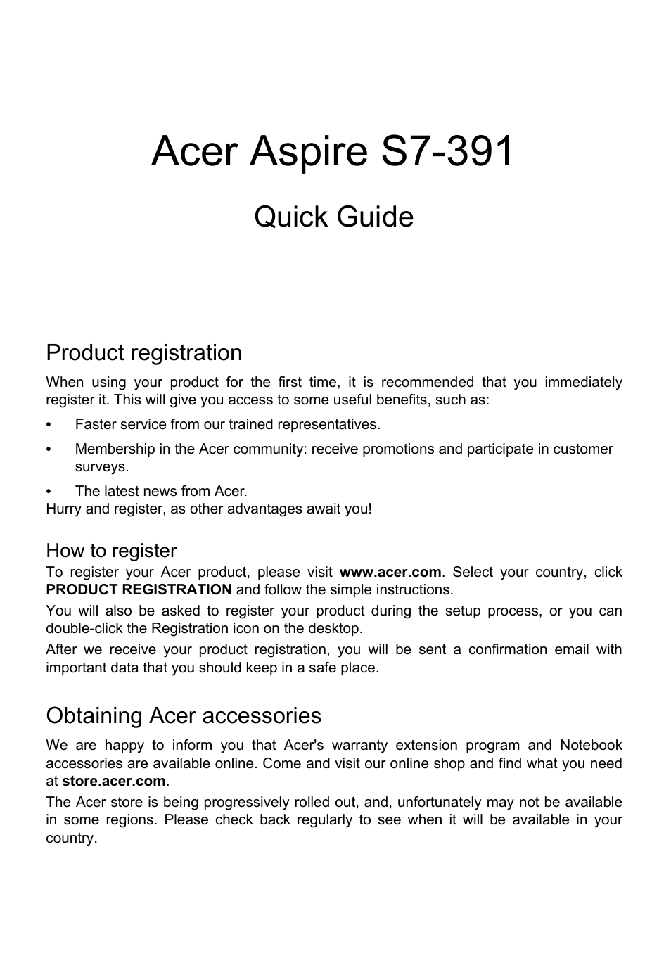 English, Product registration, How to register | Obtaining acer accessories, Acer aspire s7-391, Quick guide | Acer Aspire S7-391 User Manual | Page 3 / 362
