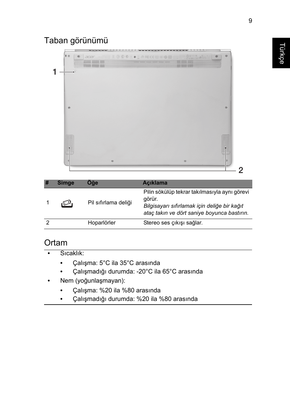 Taban görünümü, Ortam, Taban görünümü ortam | Acer Aspire S7-391 User Manual | Page 303 / 362