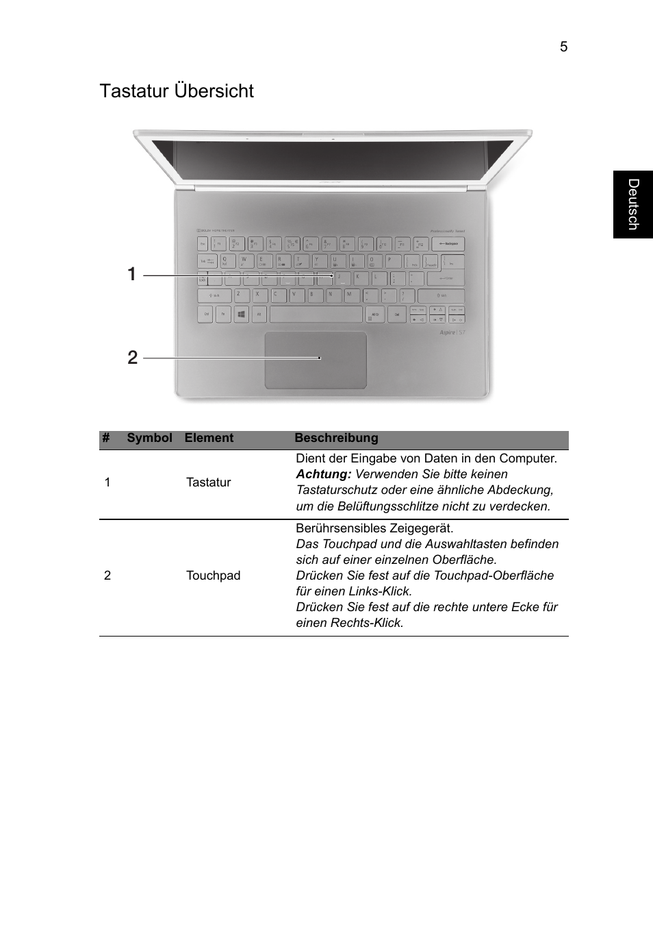 Tastatur übersicht | Acer Aspire S7-391 User Manual | Page 31 / 362