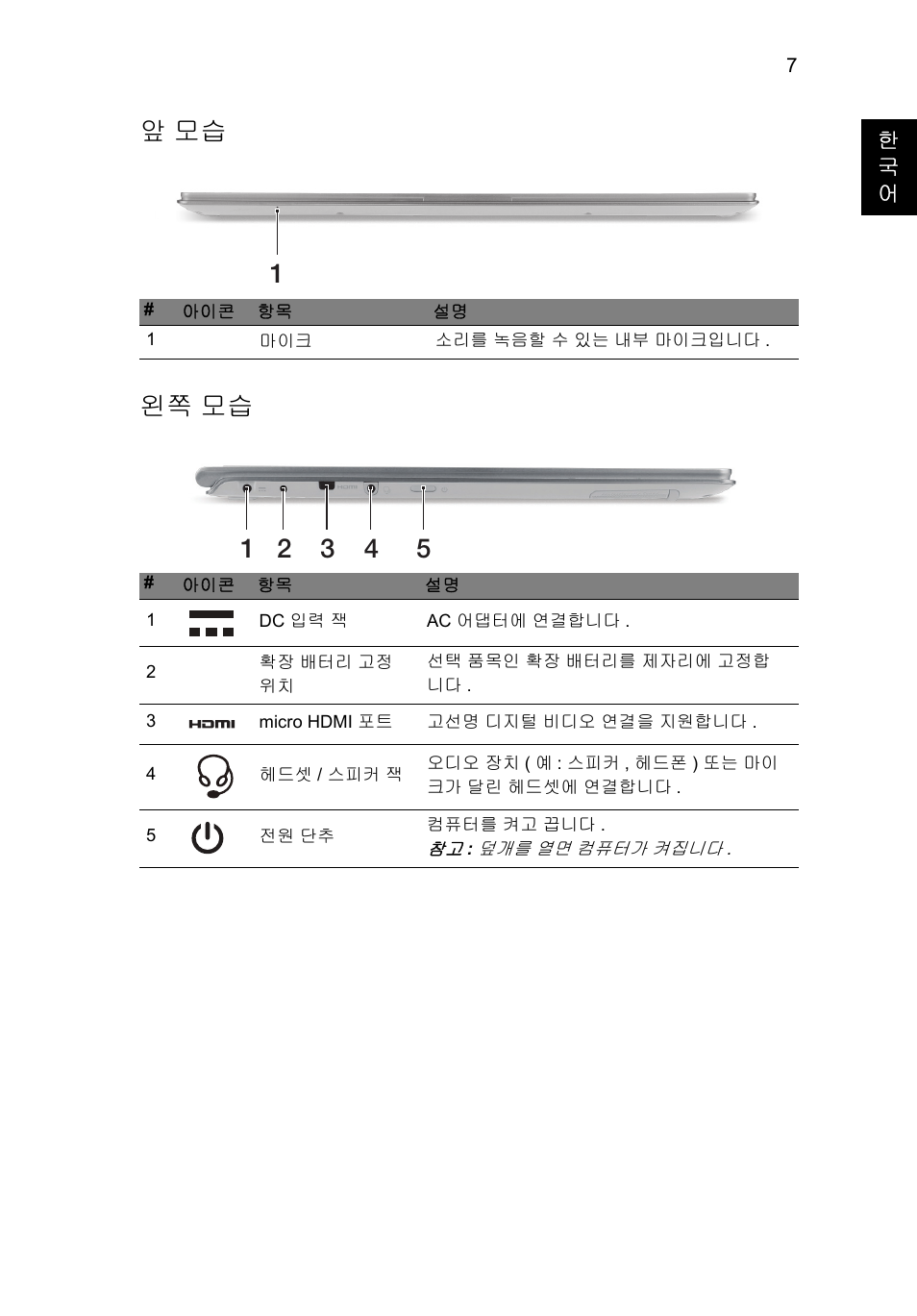 앞 모습, 왼쪽 모습, 앞모습 왼쪽 모습 | Acer Aspire S7-391 User Manual | Page 313 / 362