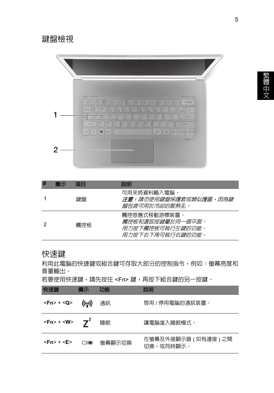 鍵盤檢視, 鍵盤檢視 快速鍵 | Acer Aspire S7-391 User Manual | Page 323 / 362