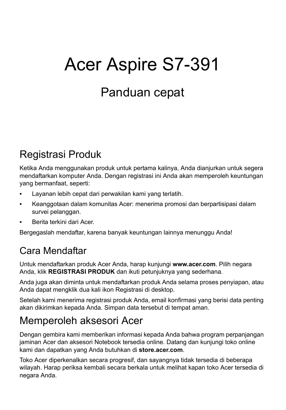 Bahasa indonesia, Registrasi produk, Cara mendaftar | Memperoleh aksesori acer, Acer aspire s7-391, Panduan cepat | Acer Aspire S7-391 User Manual | Page 339 / 362