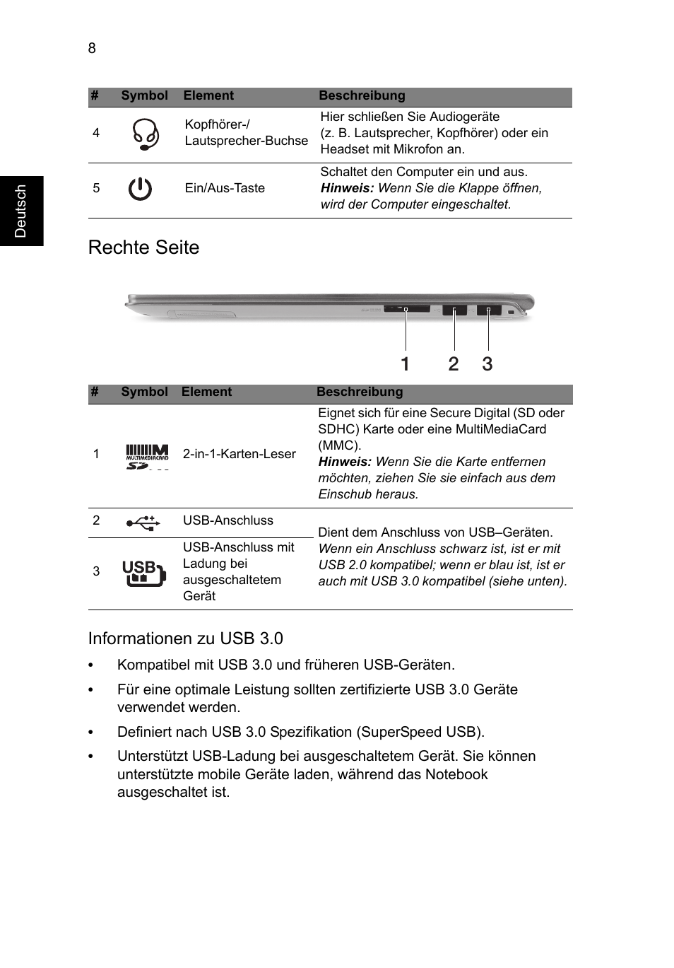 Rechte seite, Informationen zu usb 3.0 | Acer Aspire S7-391 User Manual | Page 34 / 362