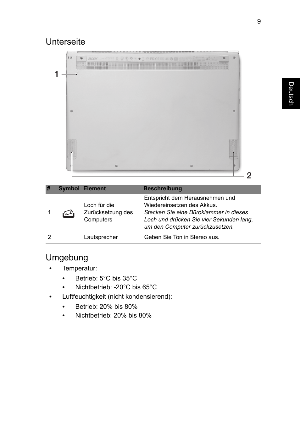 Unterseite, Umgebung, Unterseite umgebung | Acer Aspire S7-391 User Manual | Page 35 / 362