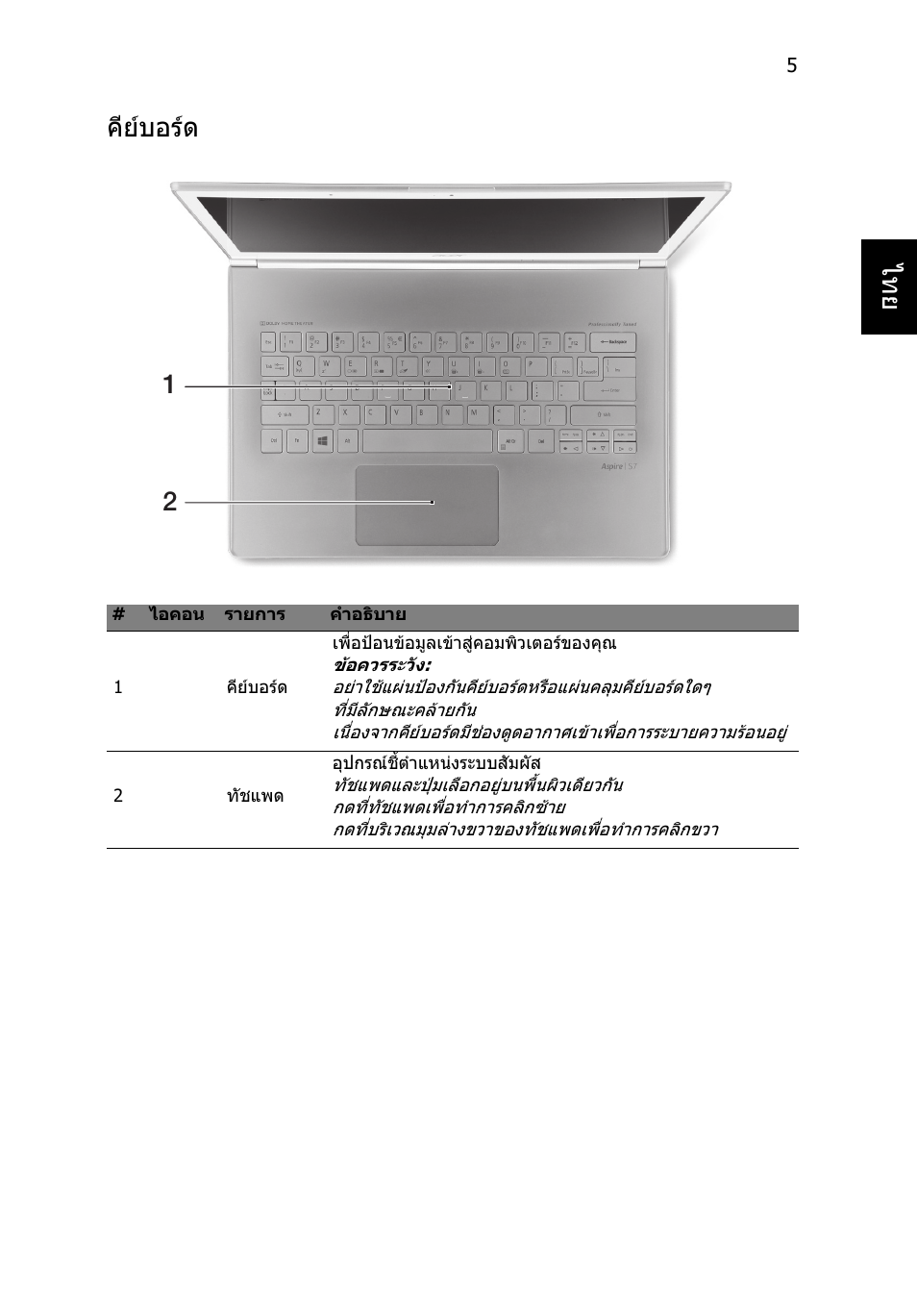 คีย์บอร์ด, ไทย คียบอรด 1 2 | Acer Aspire S7-391 User Manual | Page 355 / 362