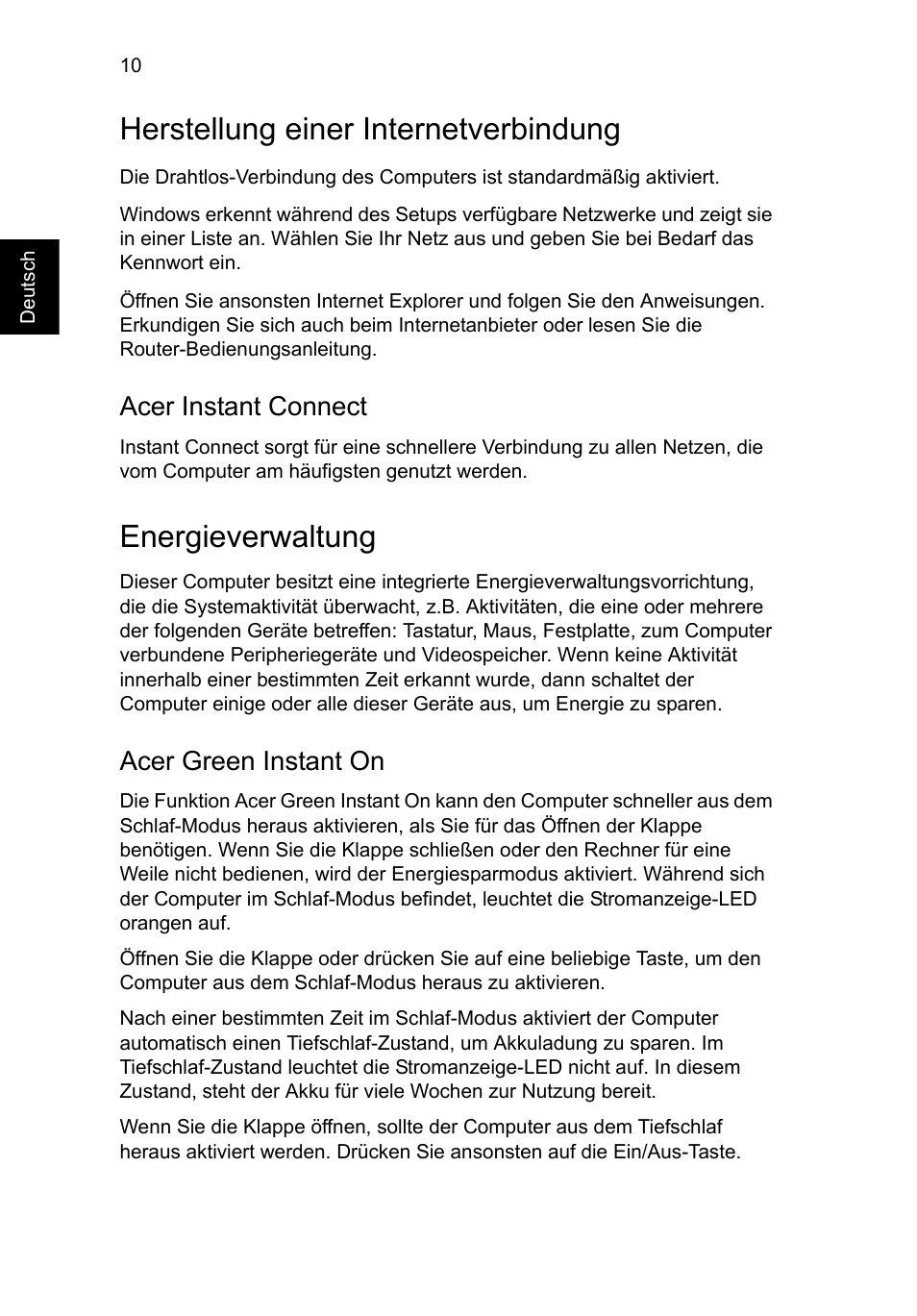 Herstellung einer internetverbindung, Energieverwaltung, Acer instant connect | Acer green instant on | Acer Aspire S7-391 User Manual | Page 36 / 362