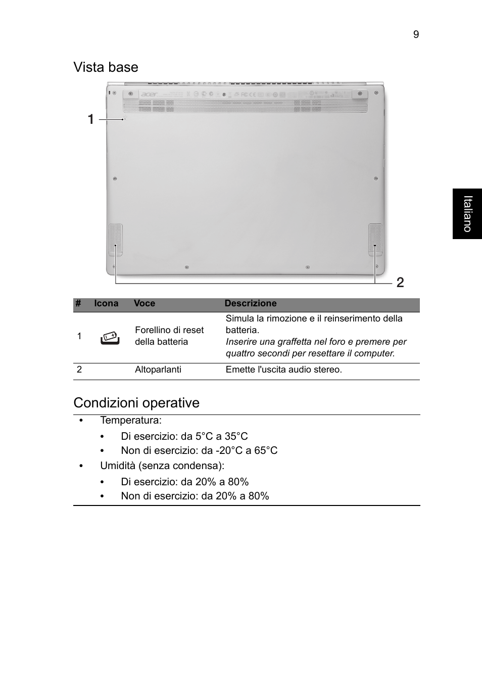 Vista base, Condizioni operative, Vista base condizioni operative | Acer Aspire S7-391 User Manual | Page 47 / 362