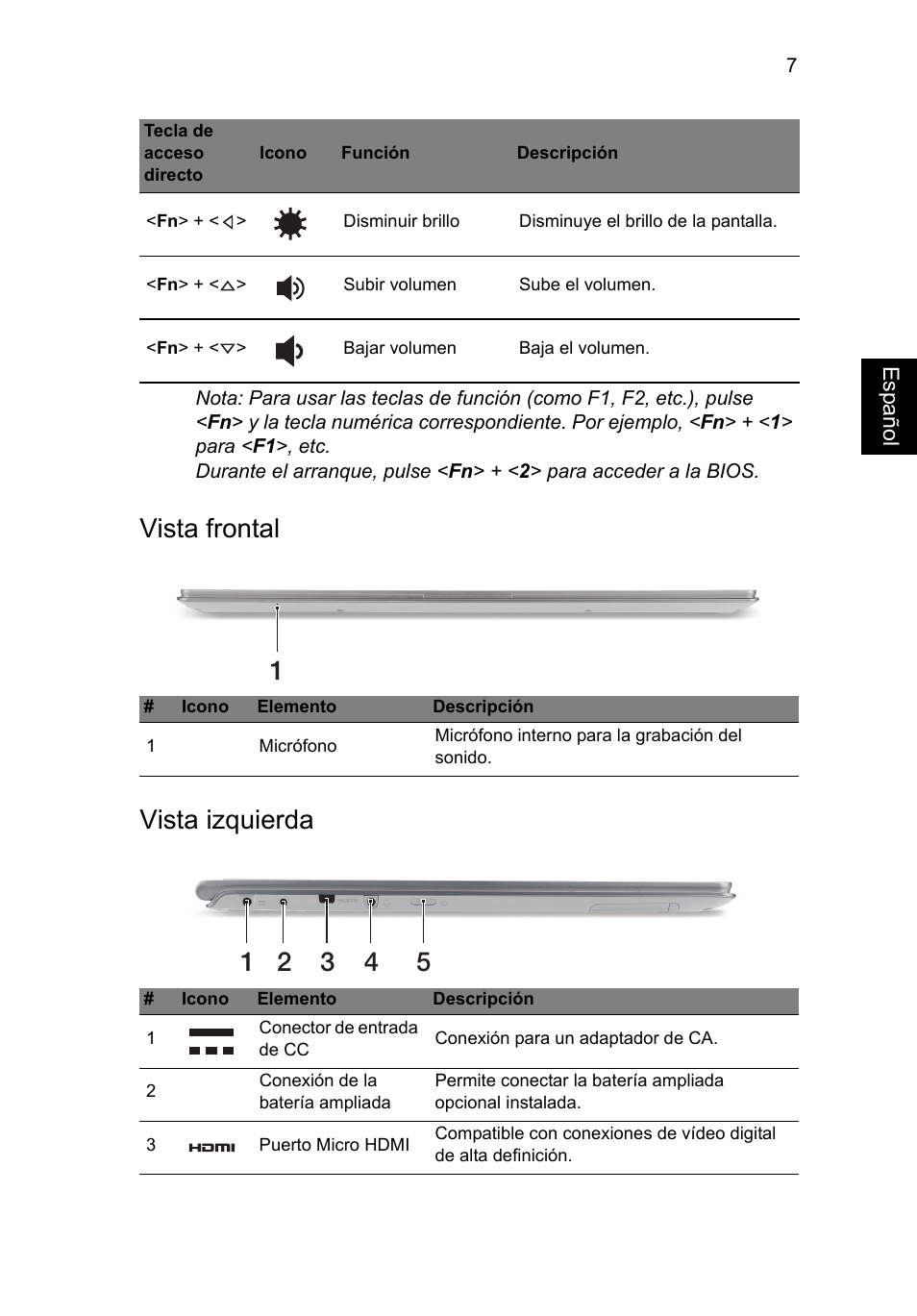 Vista frontal, Vista izquierda, Vista frontal vista izquierda | Acer Aspire S7-391 User Manual | Page 57 / 362