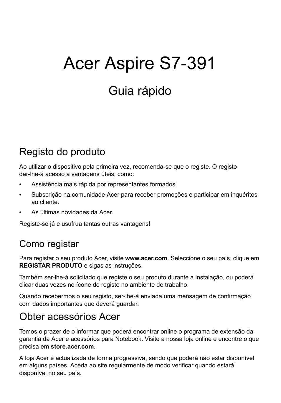 Português, Registo do produto, Como registar | Obter acessórios acer, Acer aspire s7-391, Guia rápido | Acer Aspire S7-391 User Manual | Page 67 / 362