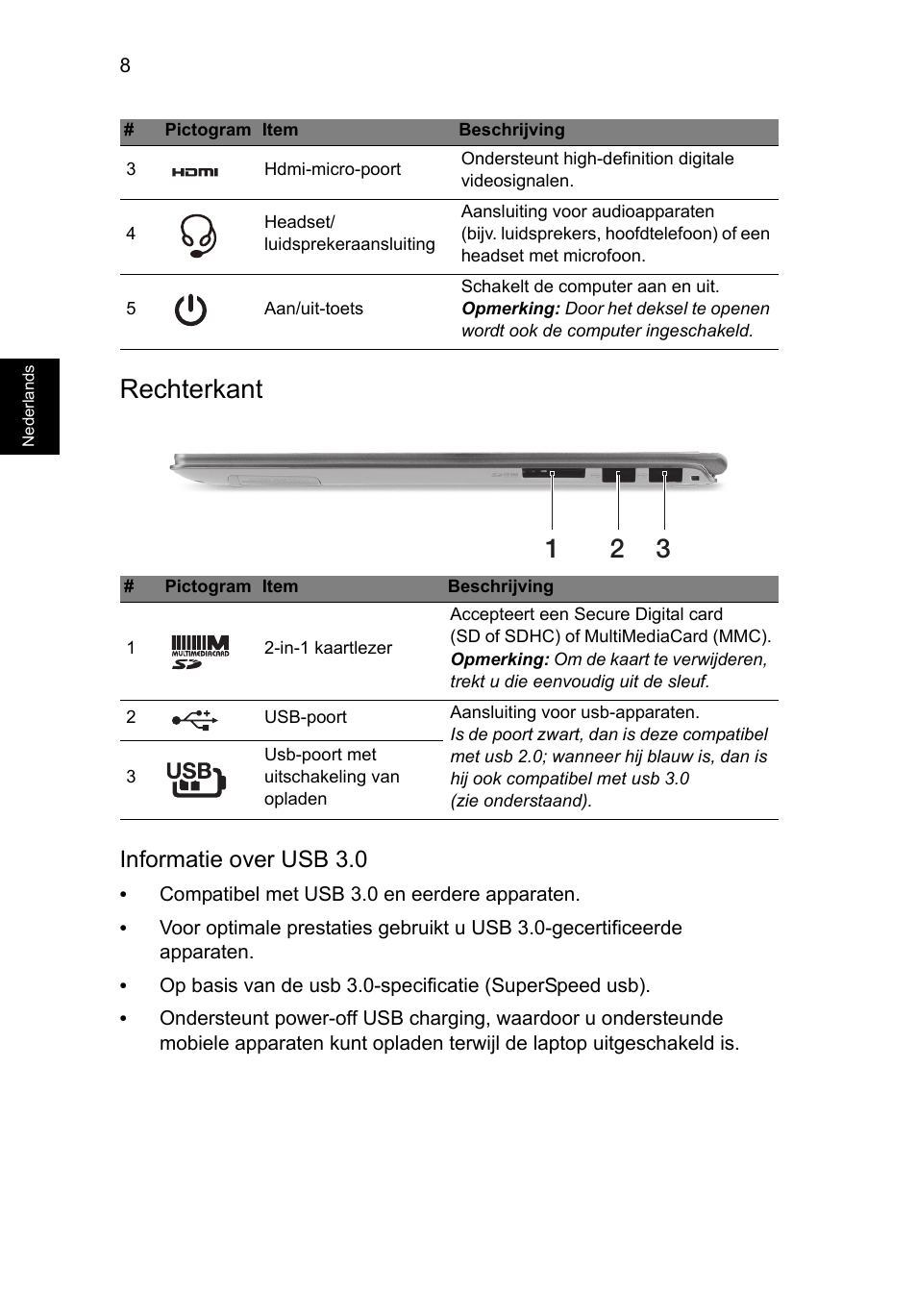 Rechterkant, Informatie over usb 3.0 | Acer Aspire S7-391 User Manual | Page 86 / 362
