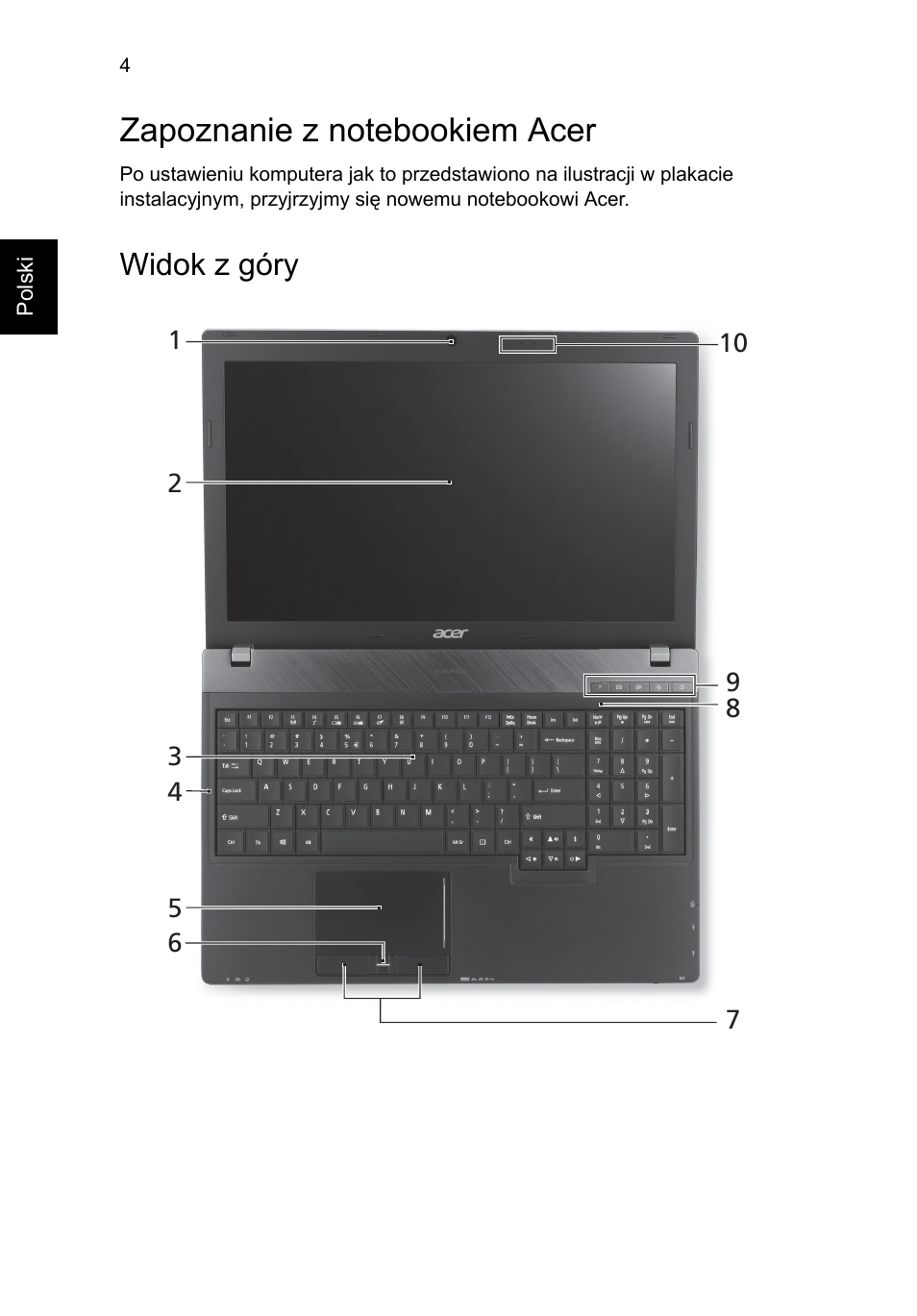Zapoznanie z notebookiem acer, Widok z góry | Acer TravelMate P653-MG User Manual | Page 154 / 365