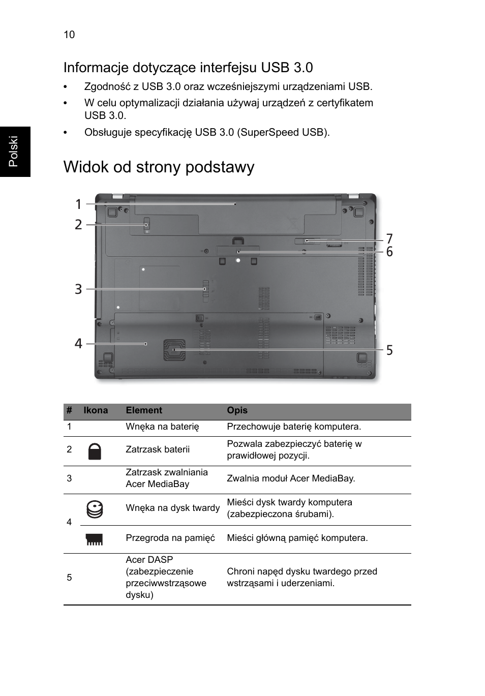 Widok od strony podstawy, Informacje dotyczące interfejsu usb 3.0 | Acer TravelMate P653-MG User Manual | Page 160 / 365