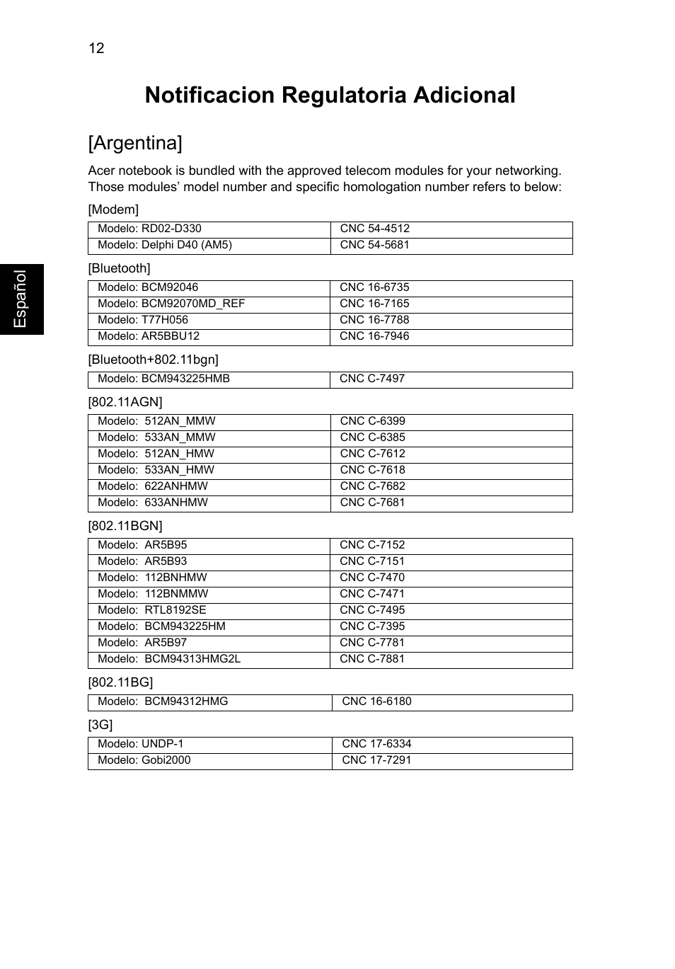 Notificacion regulatoria adicional, Argentina, Esp a ñol | Acer TravelMate P653-MG User Manual | Page 62 / 365