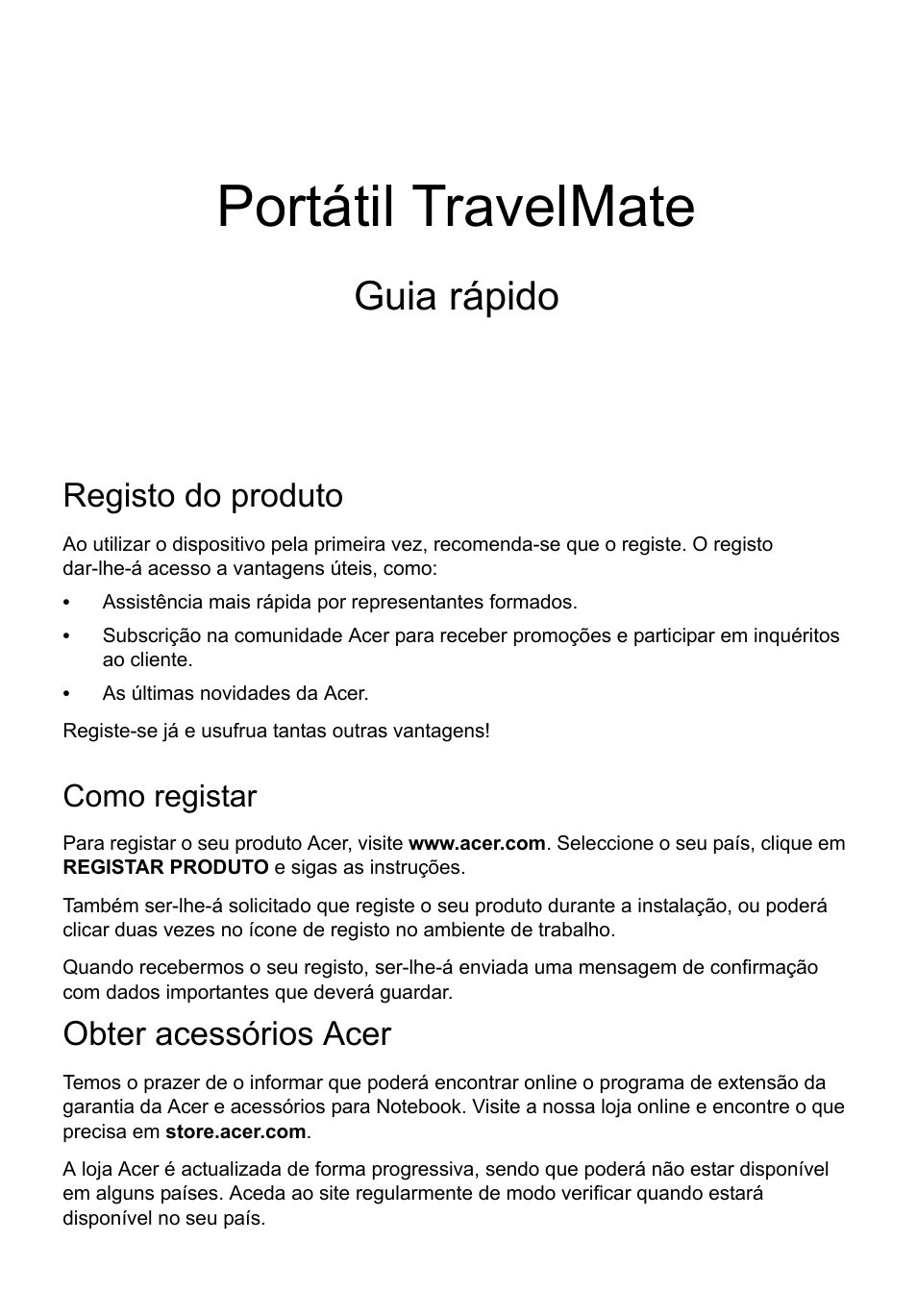 Português, Registo do produto, Como registar | Obter acessórios acer, Portátil travelmate, Guia rápido | Acer TravelMate P653-MG User Manual | Page 67 / 365