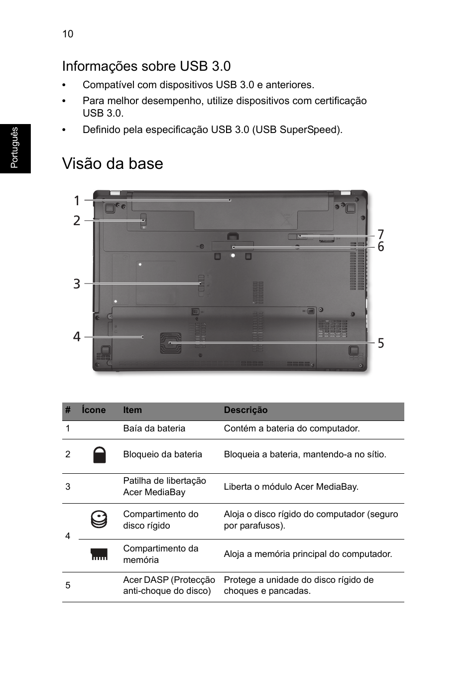 Visão da base, Informações sobre usb 3.0 | Acer TravelMate P653-MG User Manual | Page 76 / 365