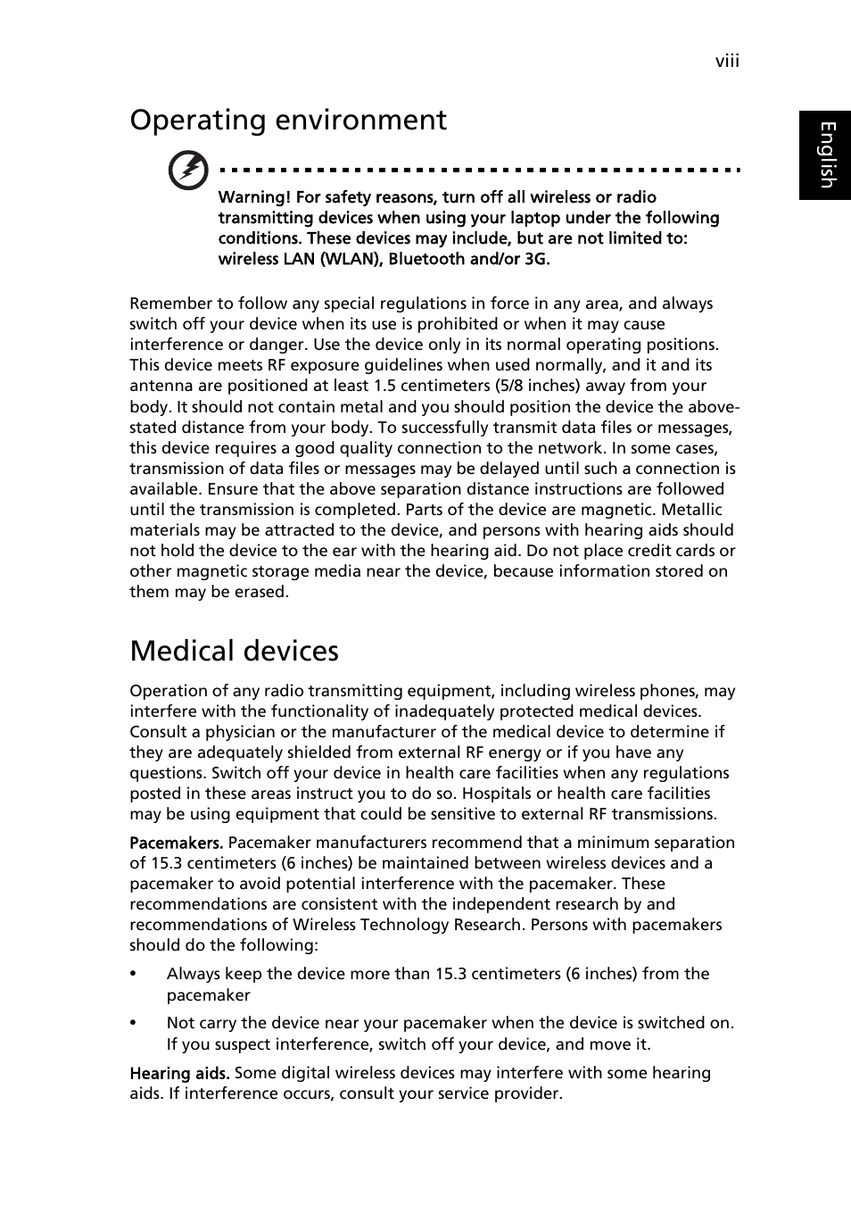 Operating environment, Medical devices | Acer Aspire 4830G User Manual | Page 10 / 2354