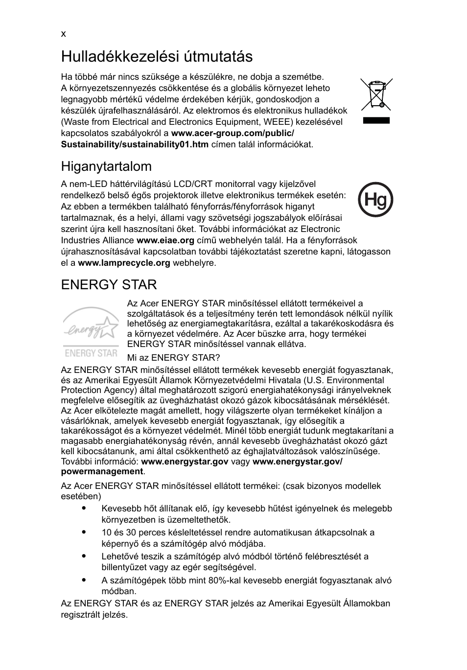 Hulladékkezelési útmutatás, Higanytartalom, Energy star | Acer Aspire 4830G User Manual | Page 1006 / 2354