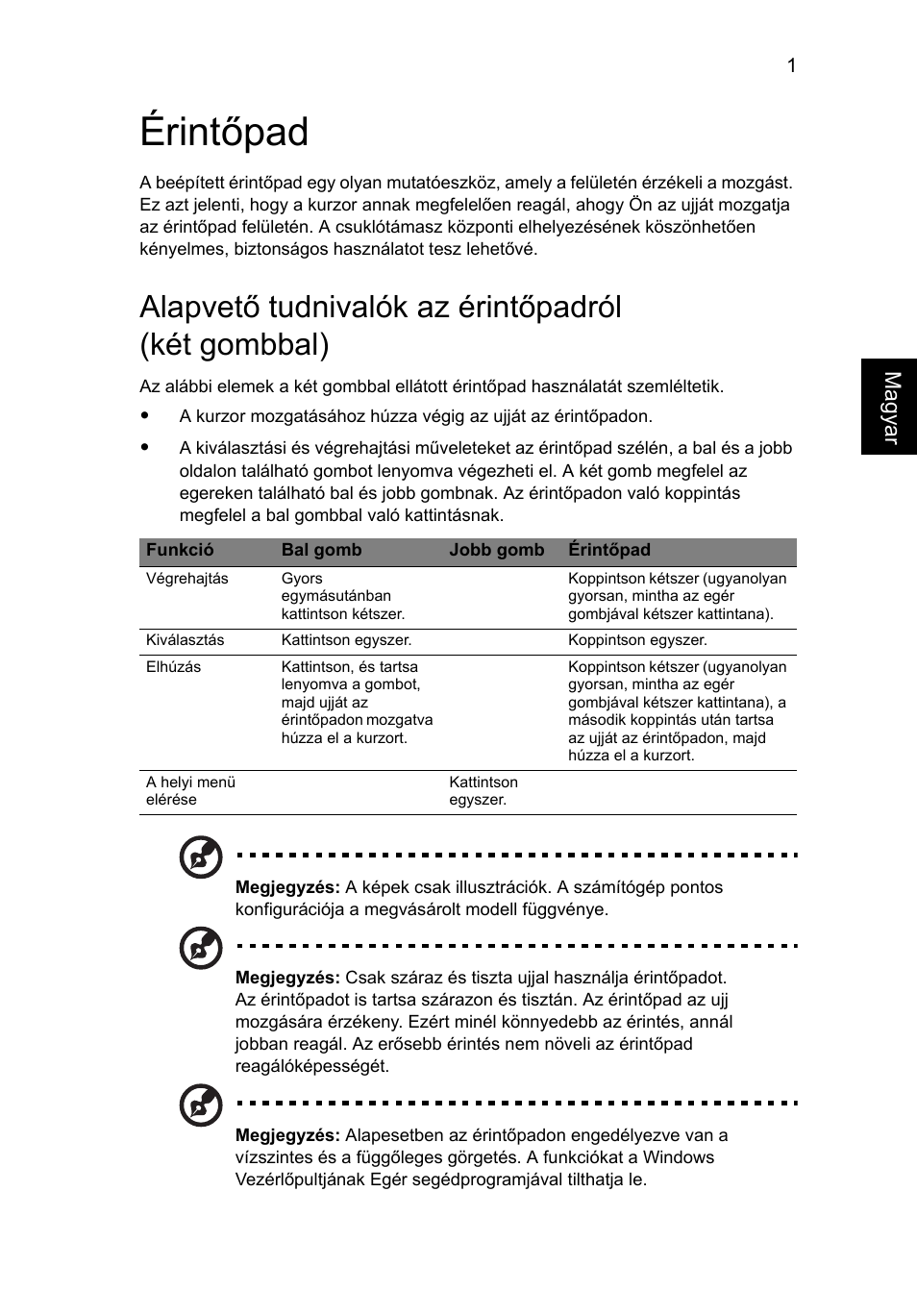 Érintõpad, Alapvető tudnivalók az érintőpadról (két gombbal), Érintőpad | Acer Aspire 4830G User Manual | Page 1017 / 2354