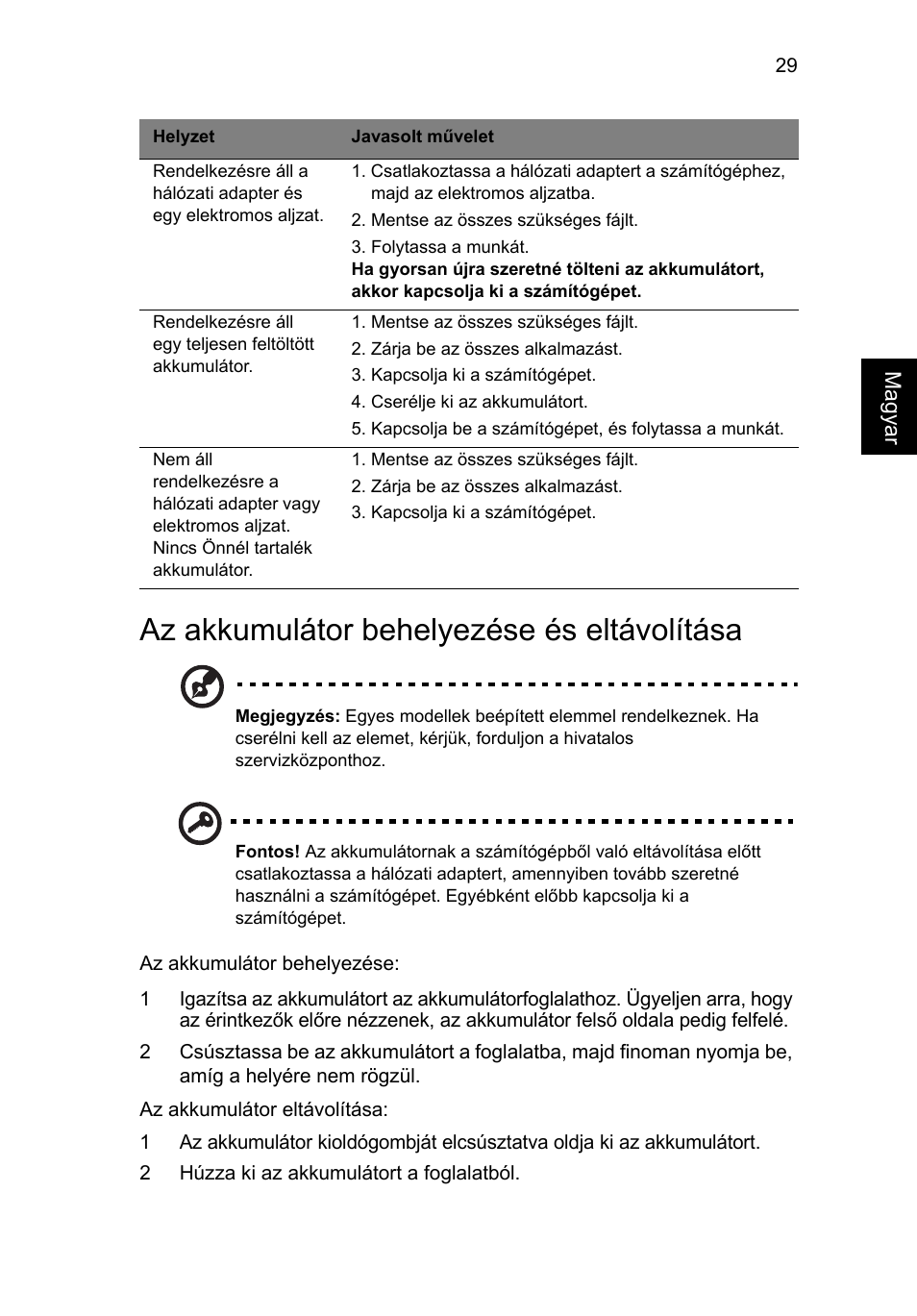 Az akkumulátor behelyezése és eltávolítása | Acer Aspire 4830G User Manual | Page 1045 / 2354