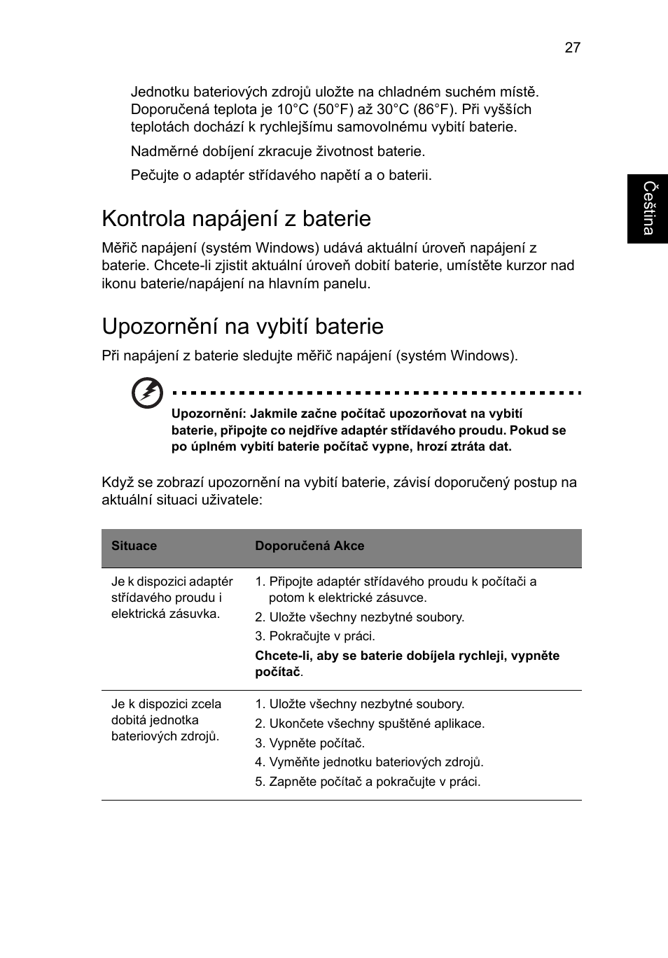 Kontrola napájení z baterie, Upozornění na vybití baterie | Acer Aspire 4830G User Manual | Page 1119 / 2354