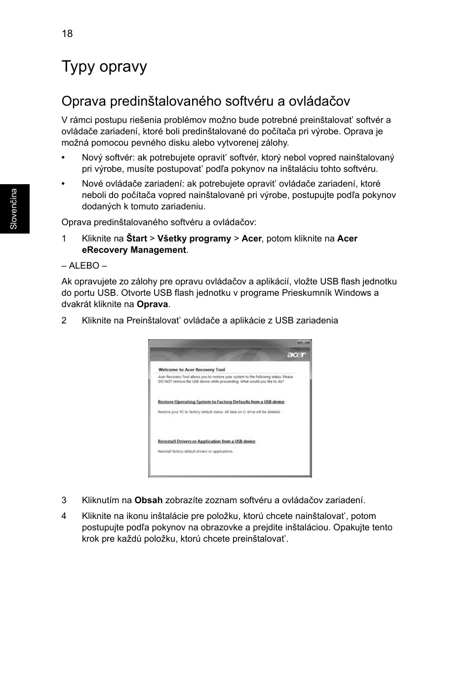 Typy opravy, Oprava predinštalovaného softvéru a ovládačov | Acer Aspire 4830G User Manual | Page 1184 / 2354