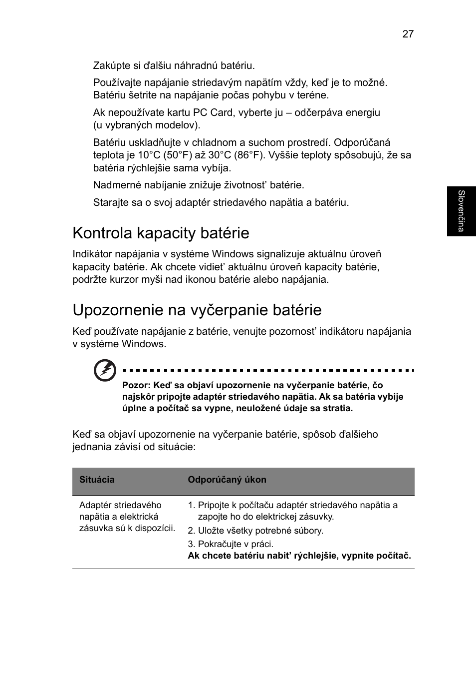 Kontrola kapacity batérie, Upozornenie na vyčerpanie batérie | Acer Aspire 4830G User Manual | Page 1193 / 2354