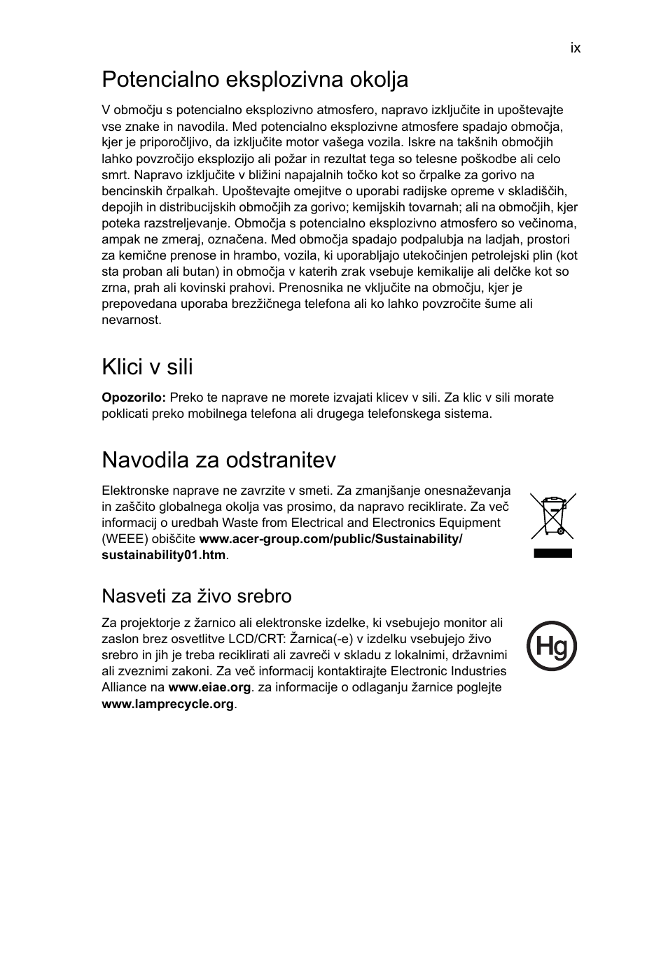 Potencialno eksplozivna okolja, Klici v sili, Navodila za odstranitev | Acer Aspire 4830G User Manual | Page 1229 / 2354