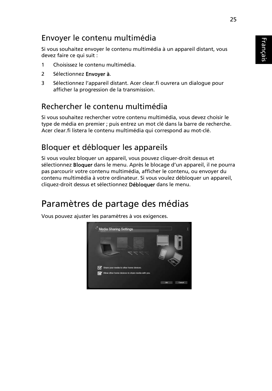 Paramètres de partage des médias, Envoyer le contenu multimédia, Rechercher le contenu multimédia | Bloquer et débloquer les appareils, Français | Acer Aspire 4830G User Manual | Page 123 / 2354